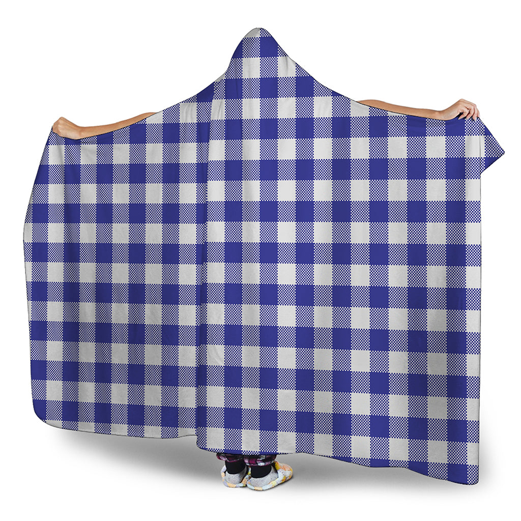 Indigo Blue And White Gingham Print Hooded Blanket