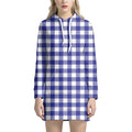 Indigo Blue And White Gingham Print Pullover Hoodie Dress