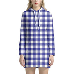 Indigo Blue And White Gingham Print Hoodie Dress