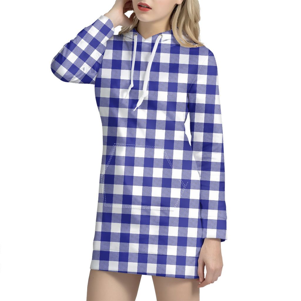 Indigo Blue And White Gingham Print Hoodie Dress