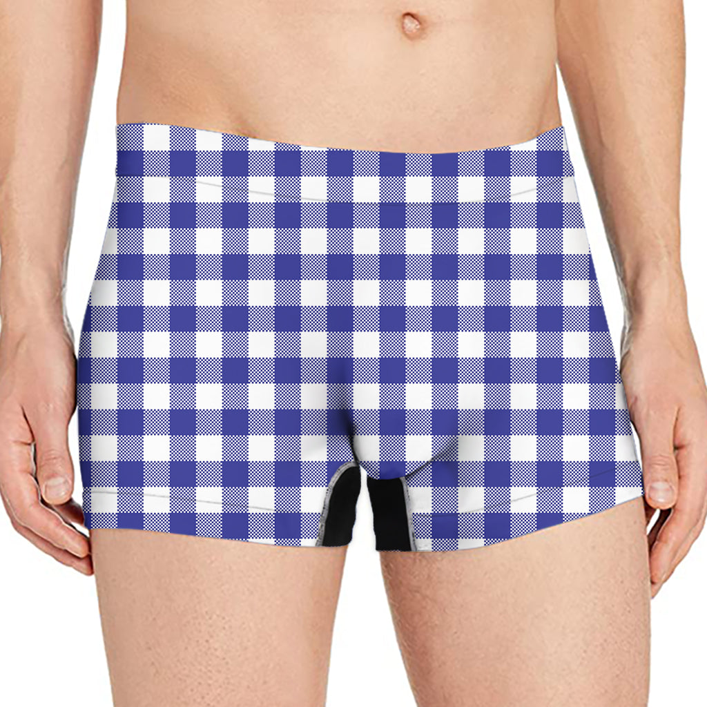 Indigo Blue And White Gingham Print Men's Boxer Briefs