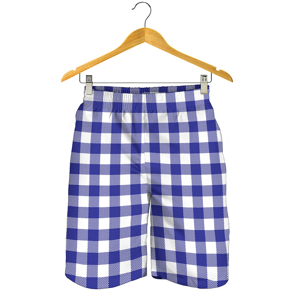 Indigo Blue And White Gingham Print Men's Shorts