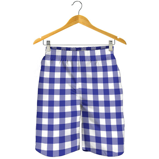 Indigo Blue And White Gingham Print Men's Shorts
