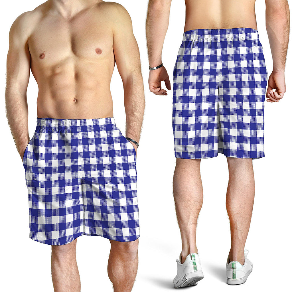 Indigo Blue And White Gingham Print Men's Shorts
