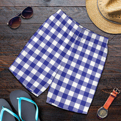 Indigo Blue And White Gingham Print Men's Shorts