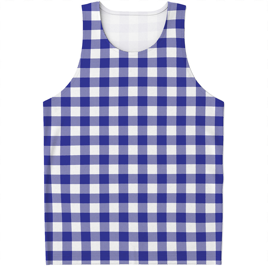 Indigo Blue And White Gingham Print Men's Tank Top