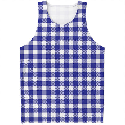 Indigo Blue And White Gingham Print Men's Tank Top