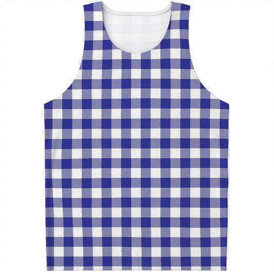 Indigo Blue And White Gingham Print Men's Tank Top