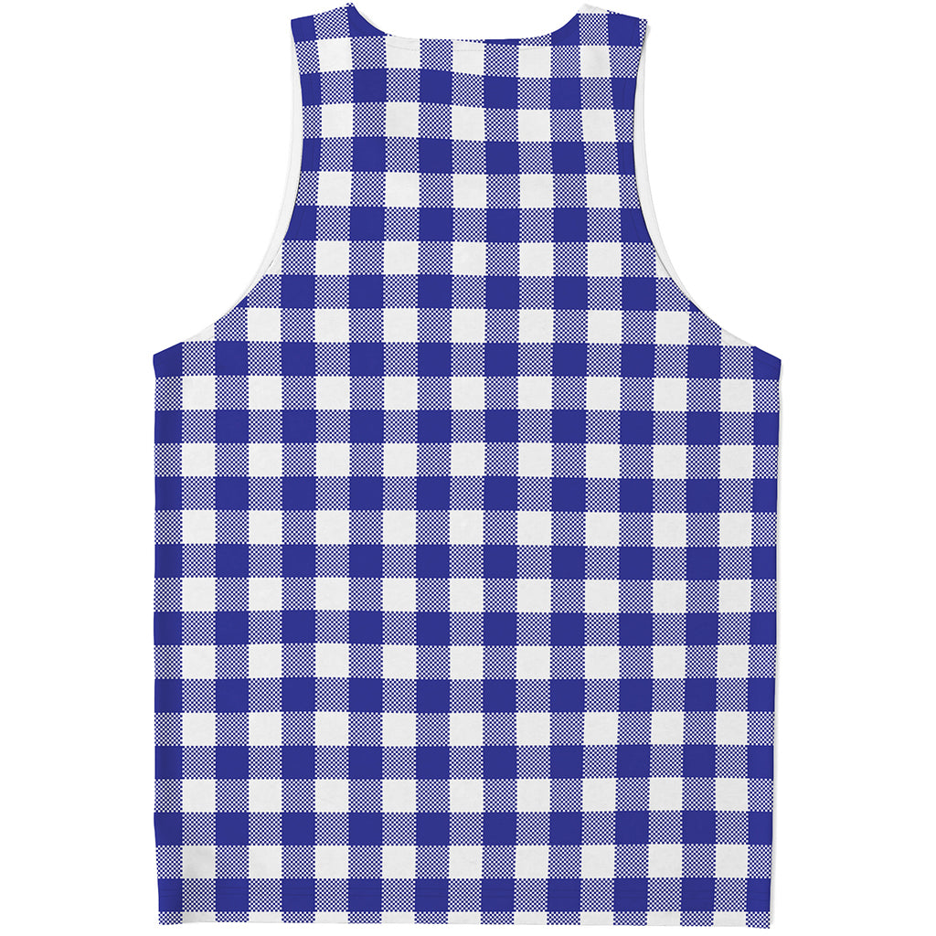 Indigo Blue And White Gingham Print Men's Tank Top
