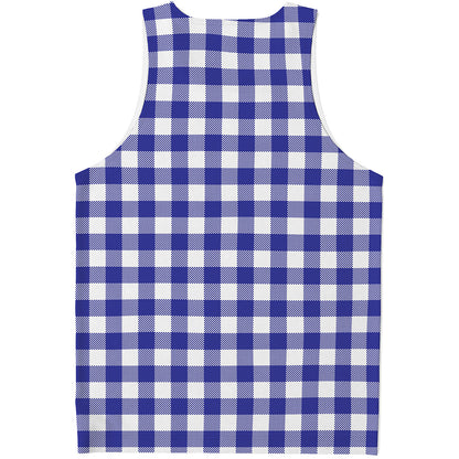 Indigo Blue And White Gingham Print Men's Tank Top