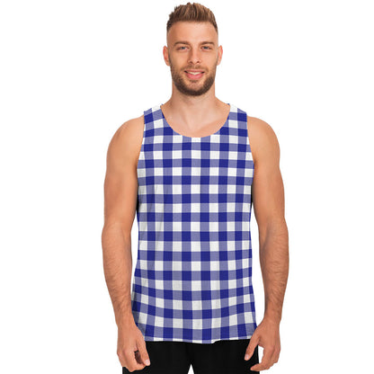 Indigo Blue And White Gingham Print Men's Tank Top