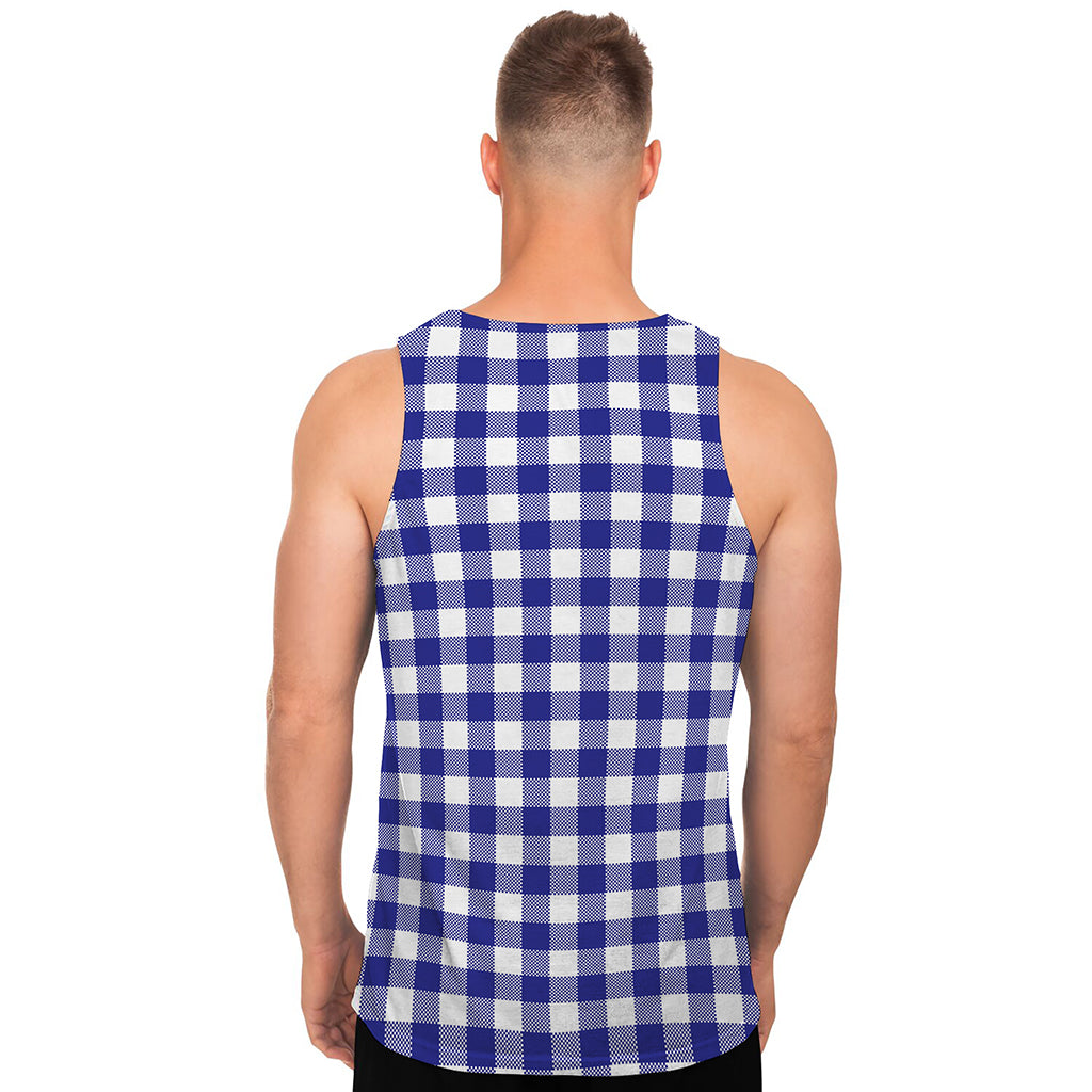Indigo Blue And White Gingham Print Men's Tank Top