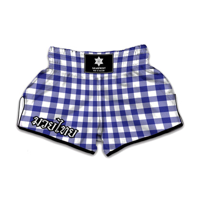 Indigo Blue And White Gingham Print Muay Thai Boxing Shorts