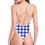 Indigo Blue And White Gingham Print One Piece High Cut Swimsuit