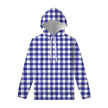 Indigo Blue And White Gingham Print Pullover Hoodie