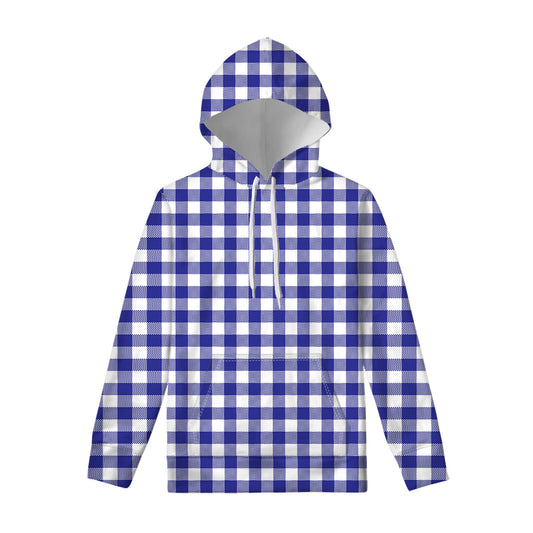 Indigo Blue And White Gingham Print Pullover Hoodie