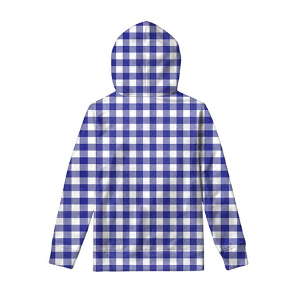 Indigo Blue And White Gingham Print Pullover Hoodie