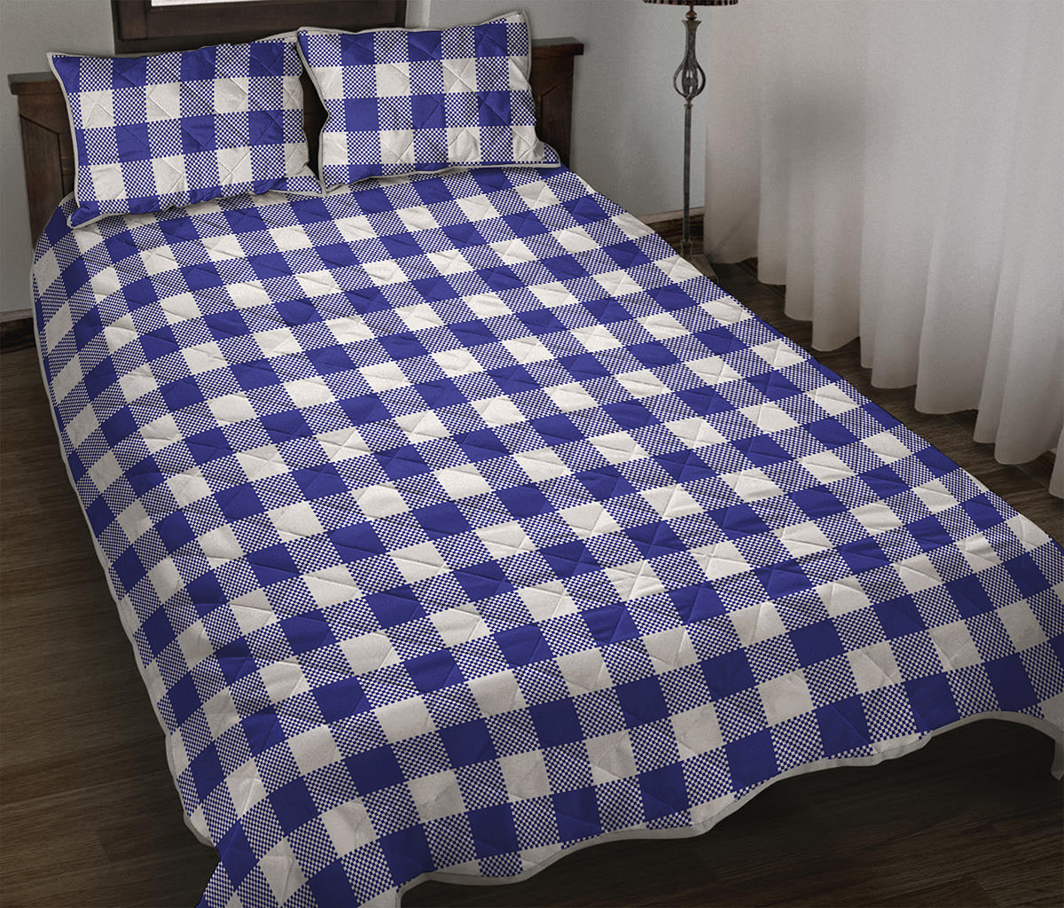 Indigo Blue And White Gingham Print Quilt Bed Set