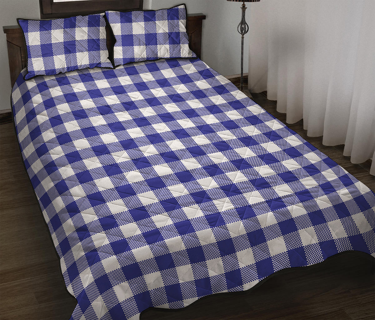 Indigo Blue And White Gingham Print Quilt Bed Set