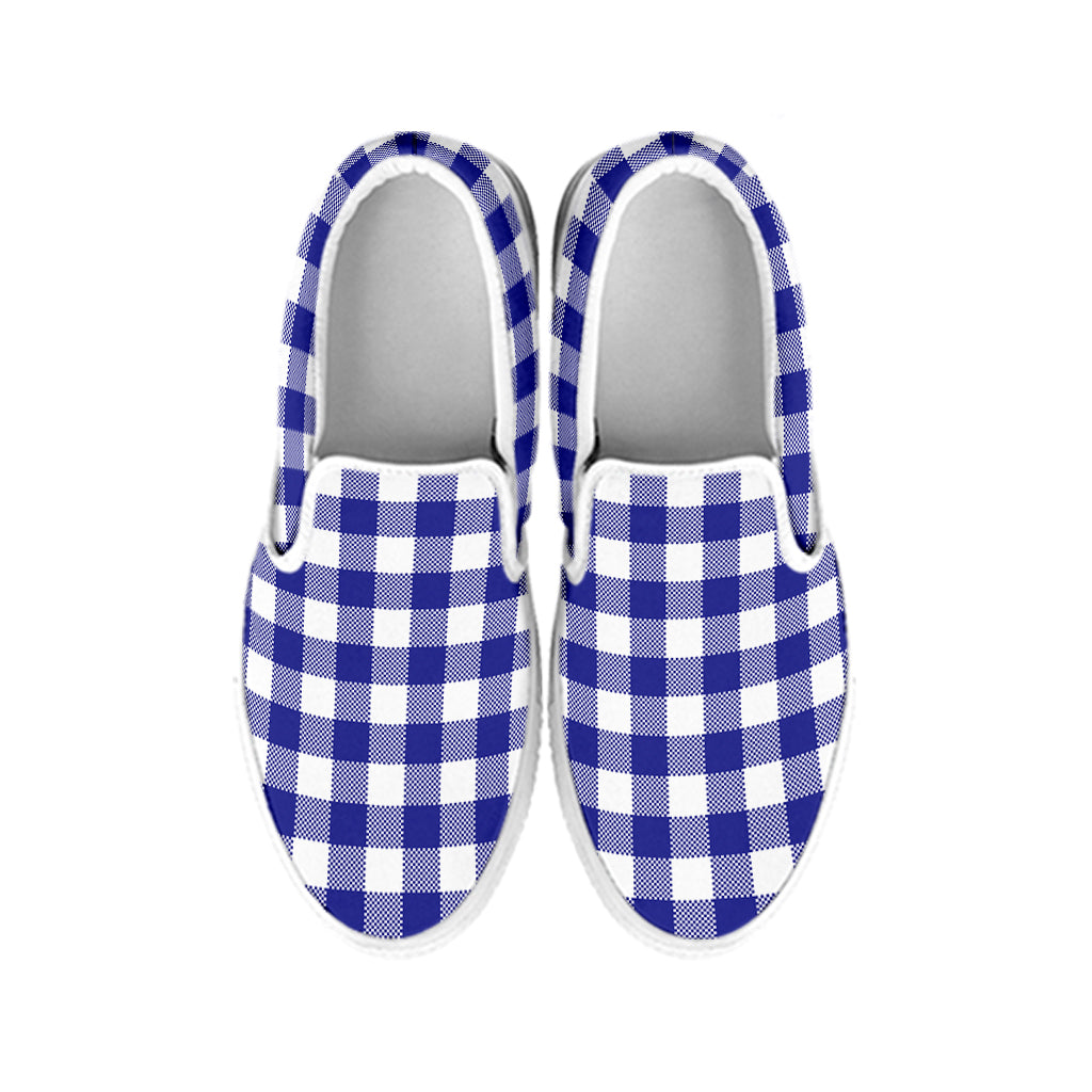 Indigo Blue And White Gingham Print White Slip On Shoes