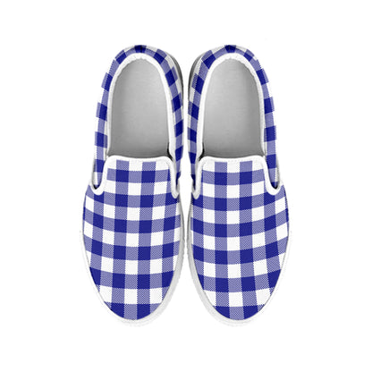 Indigo Blue And White Gingham Print White Slip On Shoes