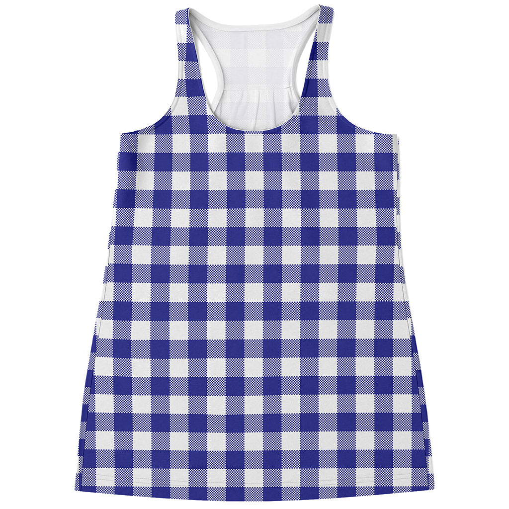 Indigo Blue And White Gingham Print Women's Racerback Tank Top