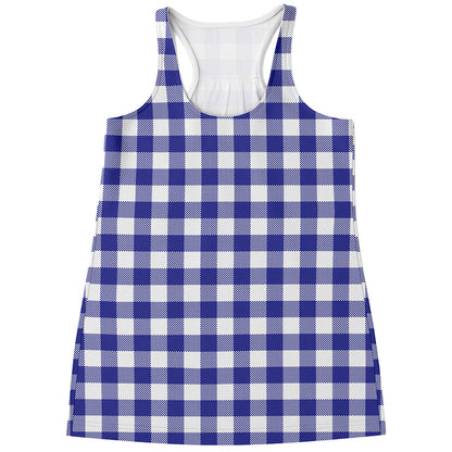 Indigo Blue And White Gingham Print Women's Racerback Tank Top