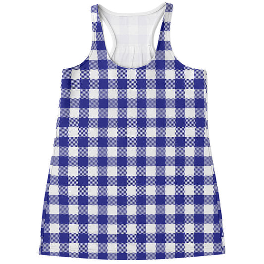 Indigo Blue And White Gingham Print Women's Racerback Tank Top
