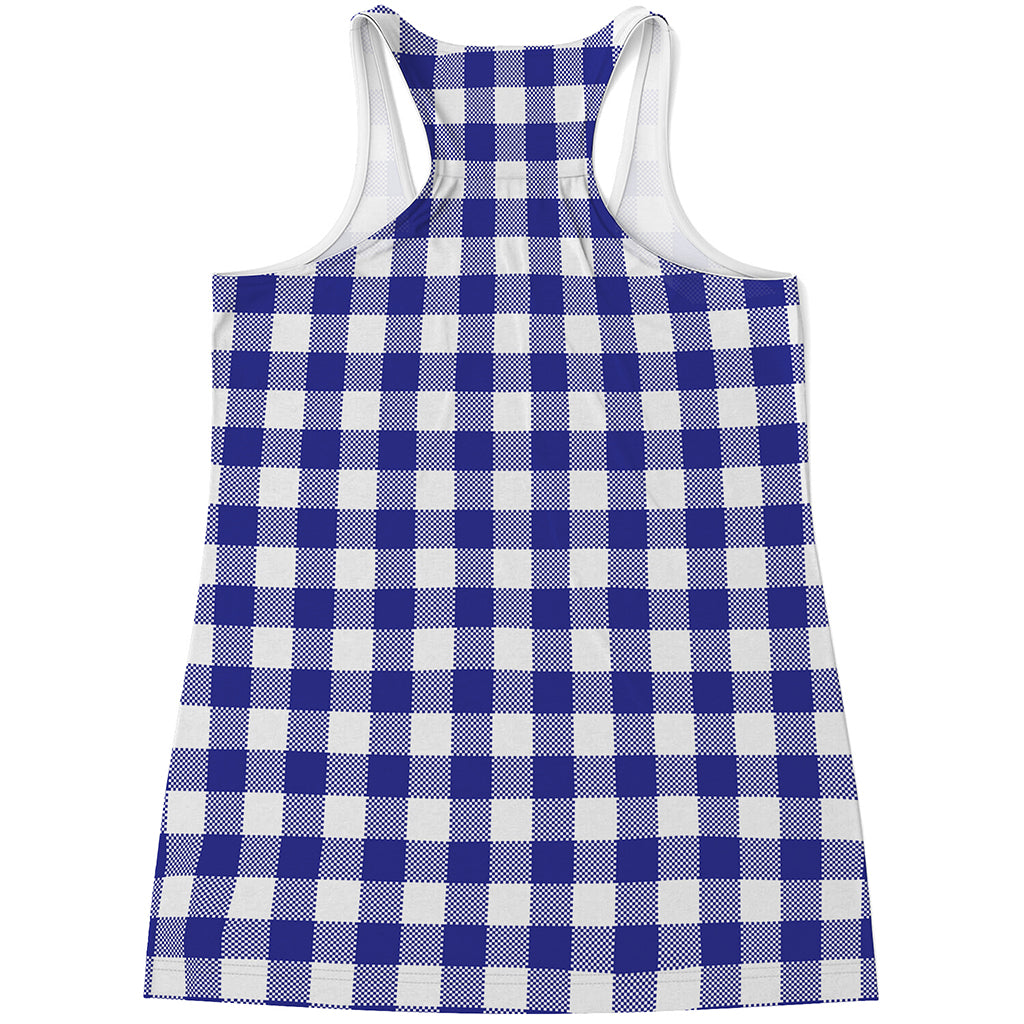 Indigo Blue And White Gingham Print Women's Racerback Tank Top