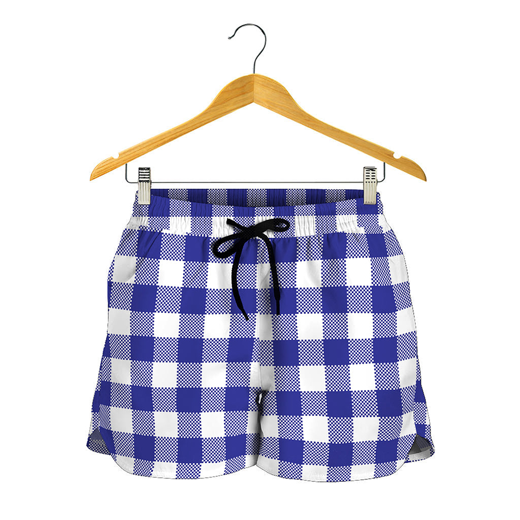Indigo Blue And White Gingham Print Women's Shorts