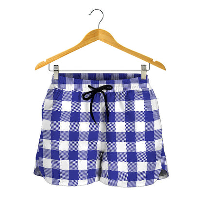 Indigo Blue And White Gingham Print Women's Shorts