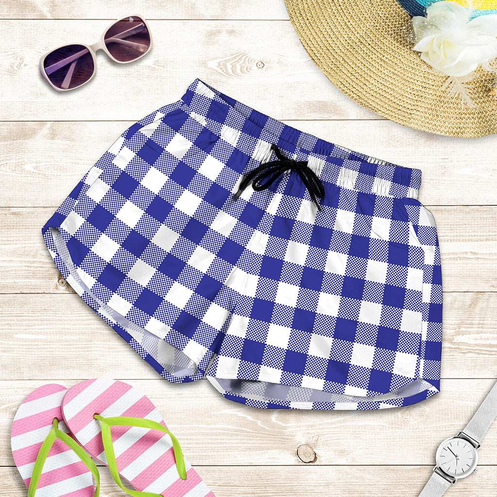 Indigo Blue And White Gingham Print Women's Shorts