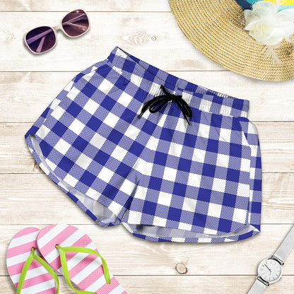 Indigo Blue And White Gingham Print Women's Shorts