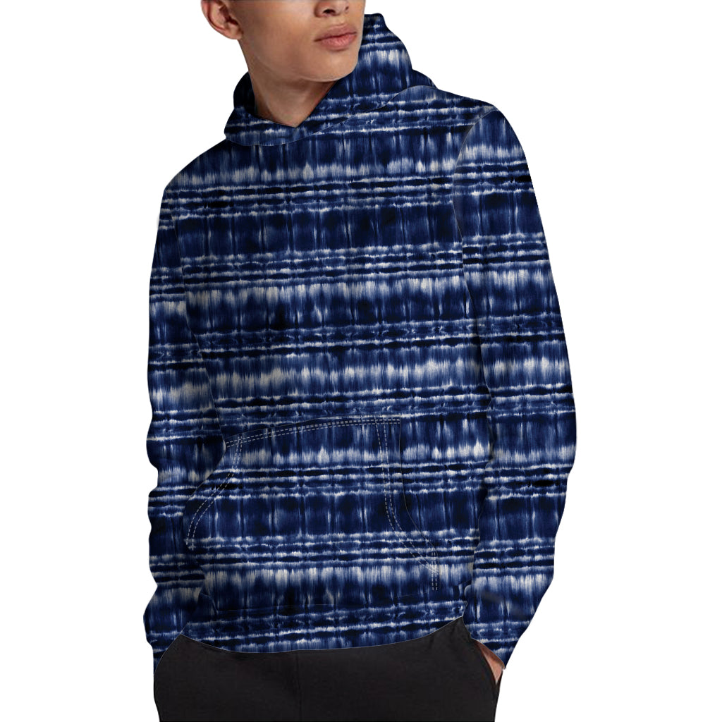 Indigo Dye Shibori Print Pullover Hoodie