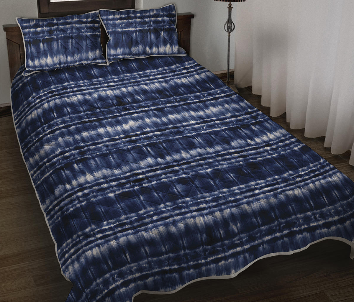 Indigo Dye Shibori Print Quilt Bed Set