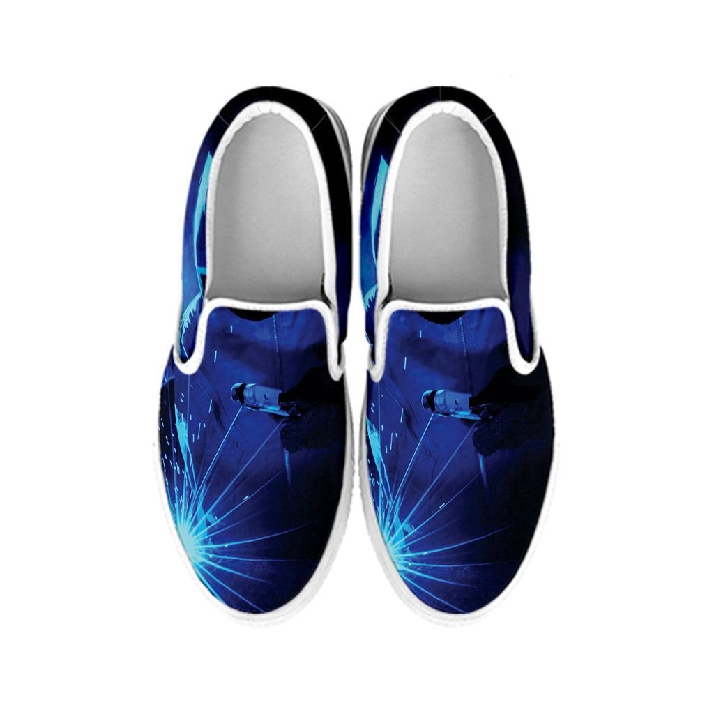 Industrial Welder Print White Slip On Shoes