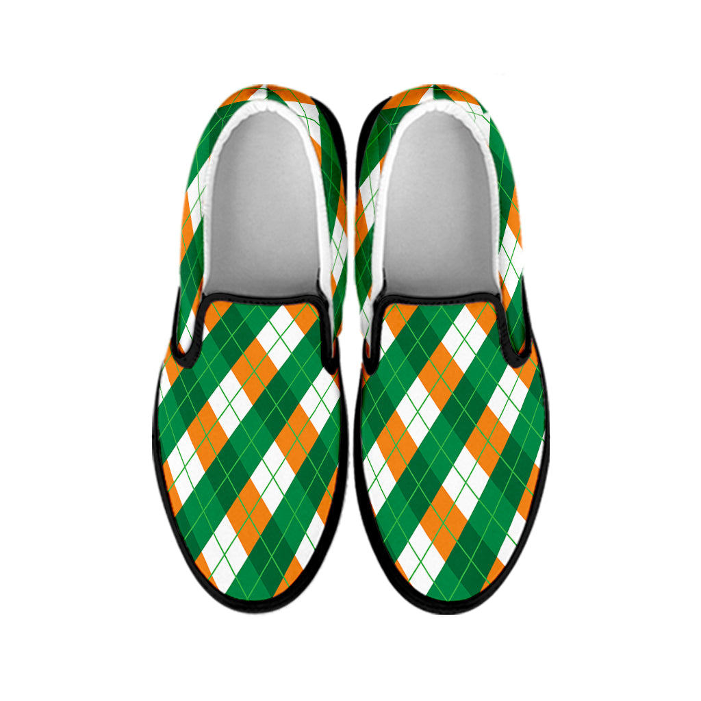 Irish Argyle Pattern Print Black Slip On Shoes