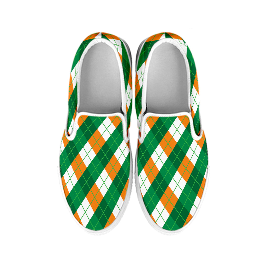 Irish Argyle Pattern Print White Slip On Shoes
