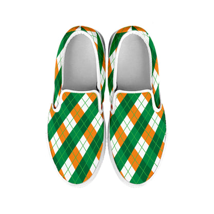 Irish Argyle Pattern Print White Slip On Shoes