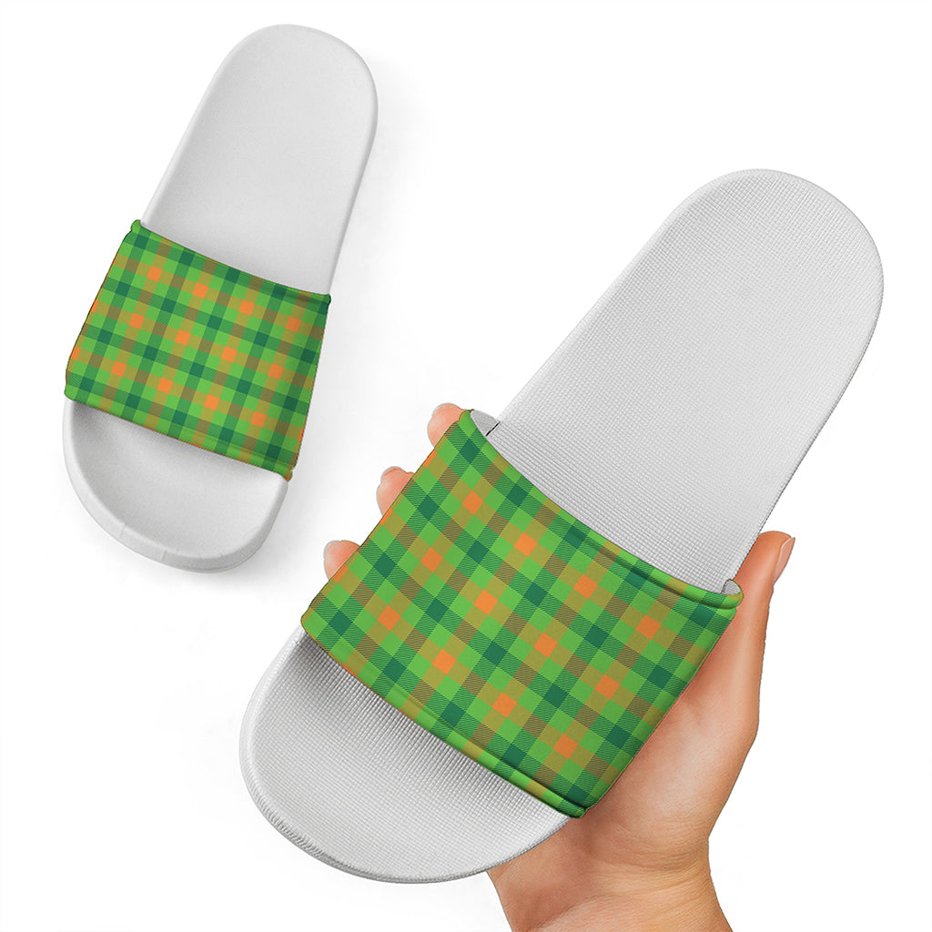 Irish Buffalo Plaid Pattern Print White Slide Sandals