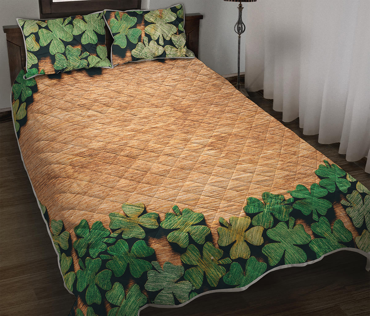 Irish Four Leaf Clovers Wood Print Quilt Bed Set
