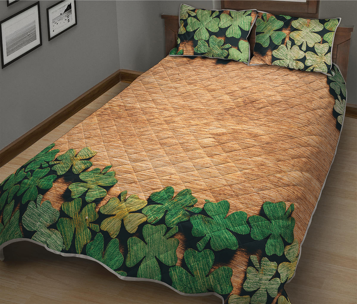 Irish Four Leaf Clovers Wood Print Quilt Bed Set