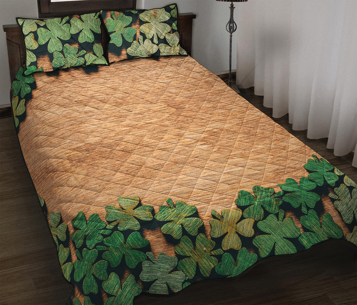 Irish Four Leaf Clovers Wood Print Quilt Bed Set