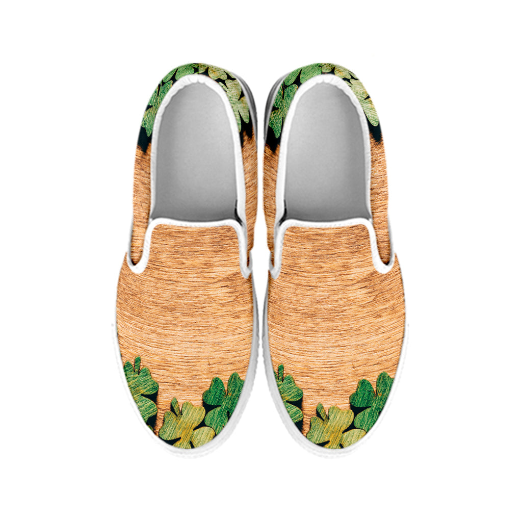 Irish Four Leaf Clovers Wood Print White Slip On Shoes