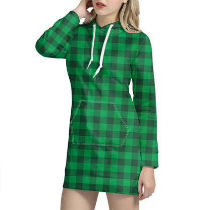 Irish Green Buffalo Check Pattern Print Hoodie Dress
