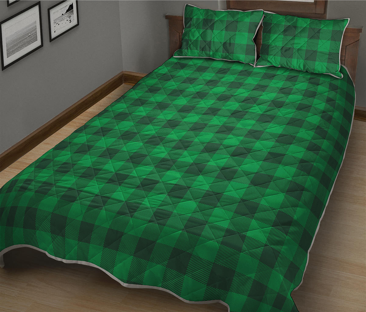 Irish Green Buffalo Check Pattern Print Quilt Bed Set