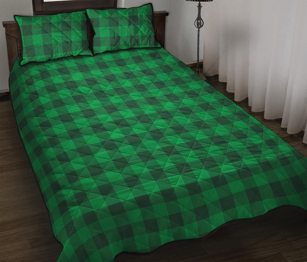Irish Green Buffalo Check Pattern Print Quilt Bed Set
