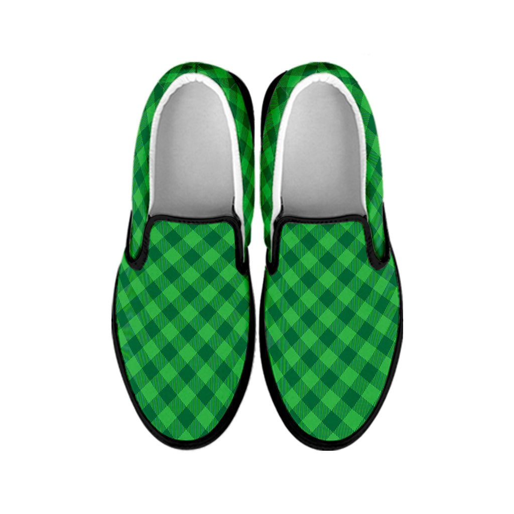 Irish Green Buffalo Plaid Print Black Slip On Shoes