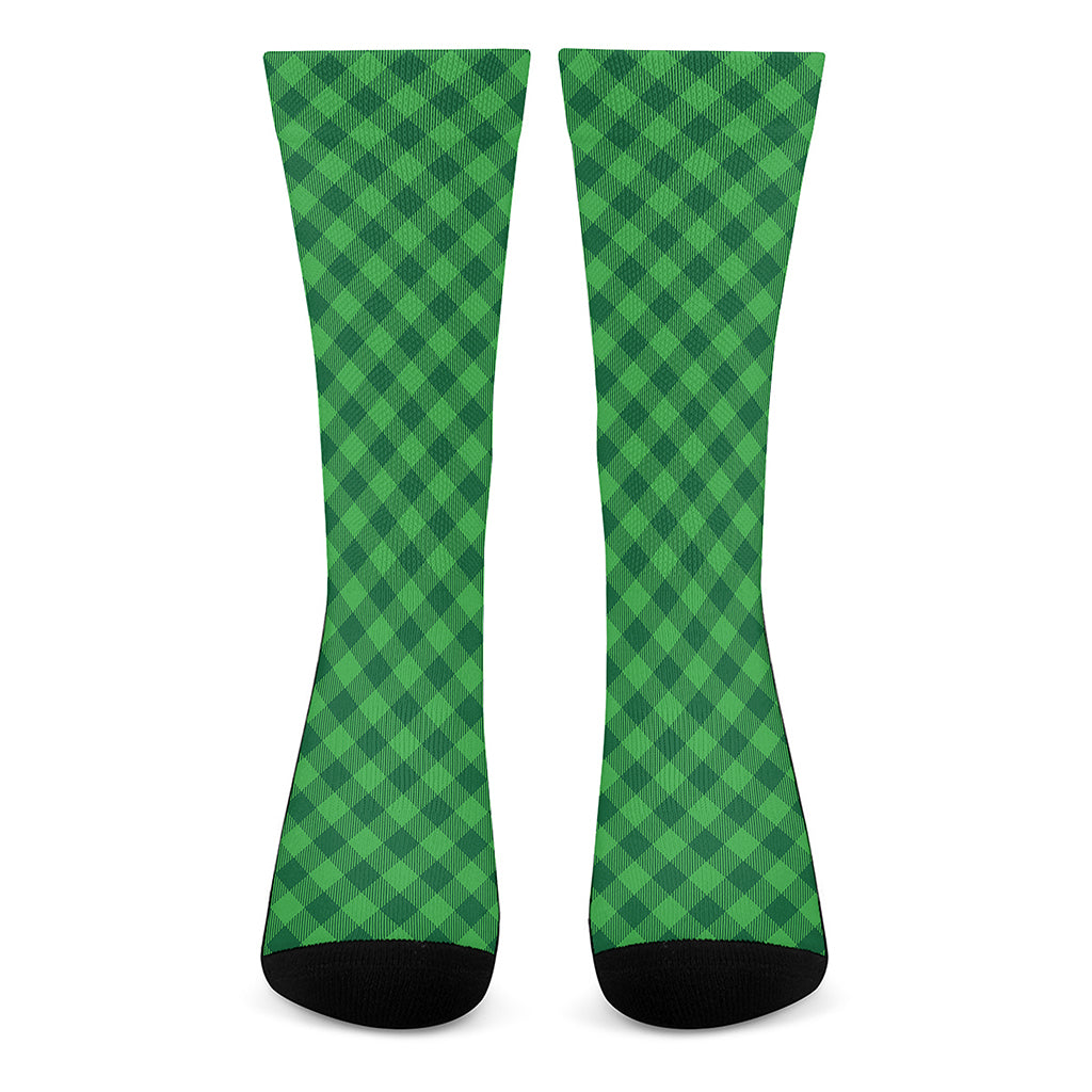 Irish Green Buffalo Plaid Print Crew Socks