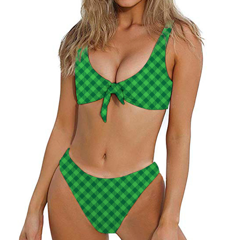Irish Green Buffalo Plaid Print Front Bow Tie Bikini